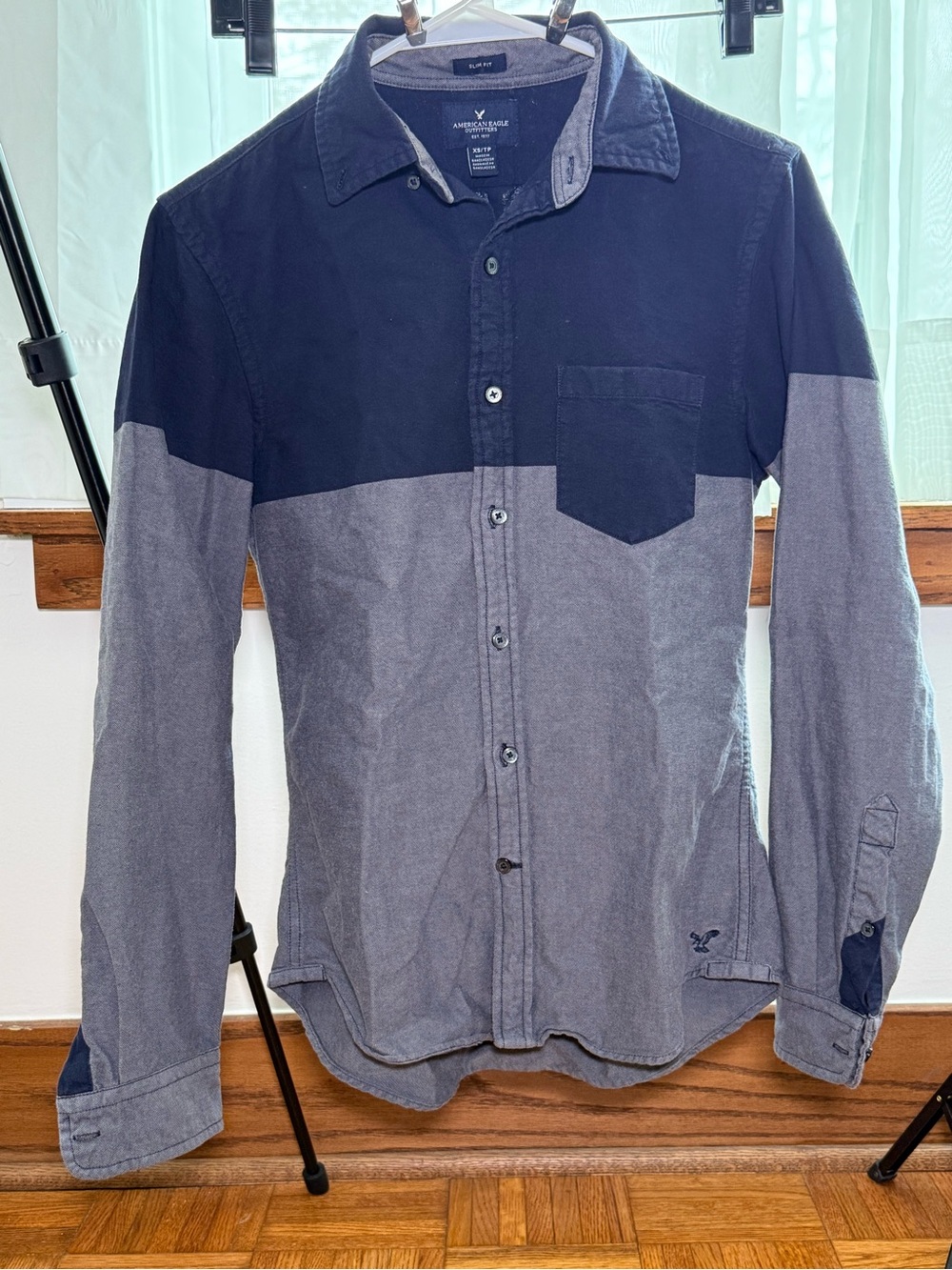 American Eagle Outfitters Two-Tone Navy and Gray Button-Down Shirt